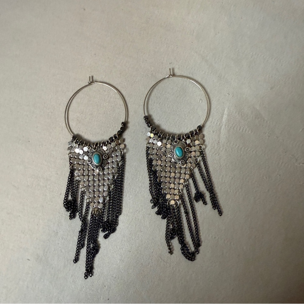 Boot Barn Western Chic Silver and Black Fringe Earrings with Turquoise Accent